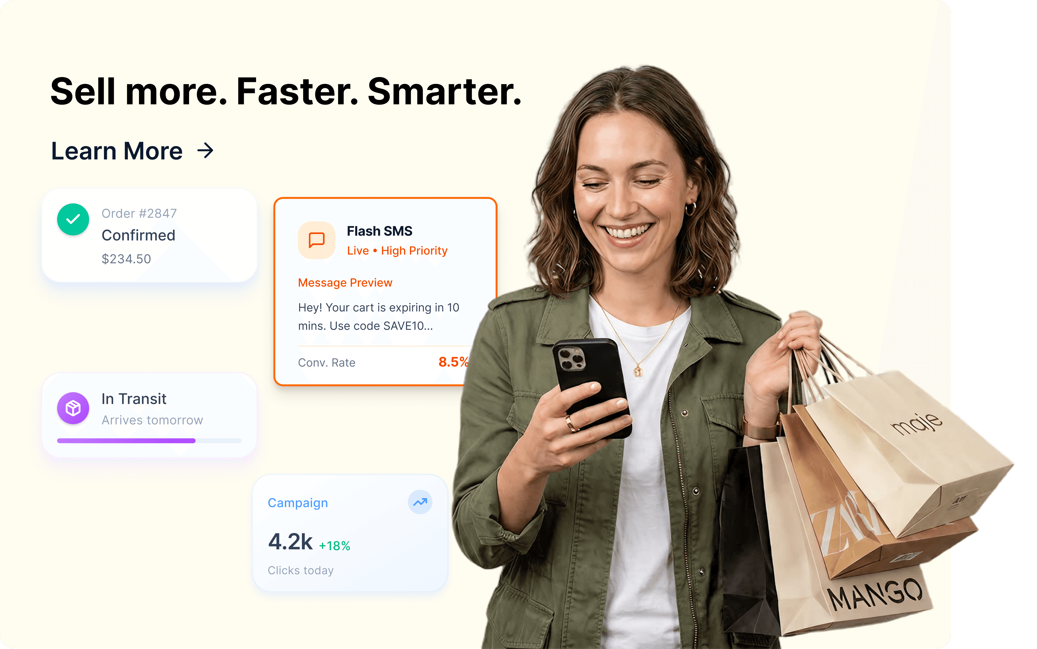 E-commerce use case showing order confirmations, SMS campaigns, and delivery tracking
