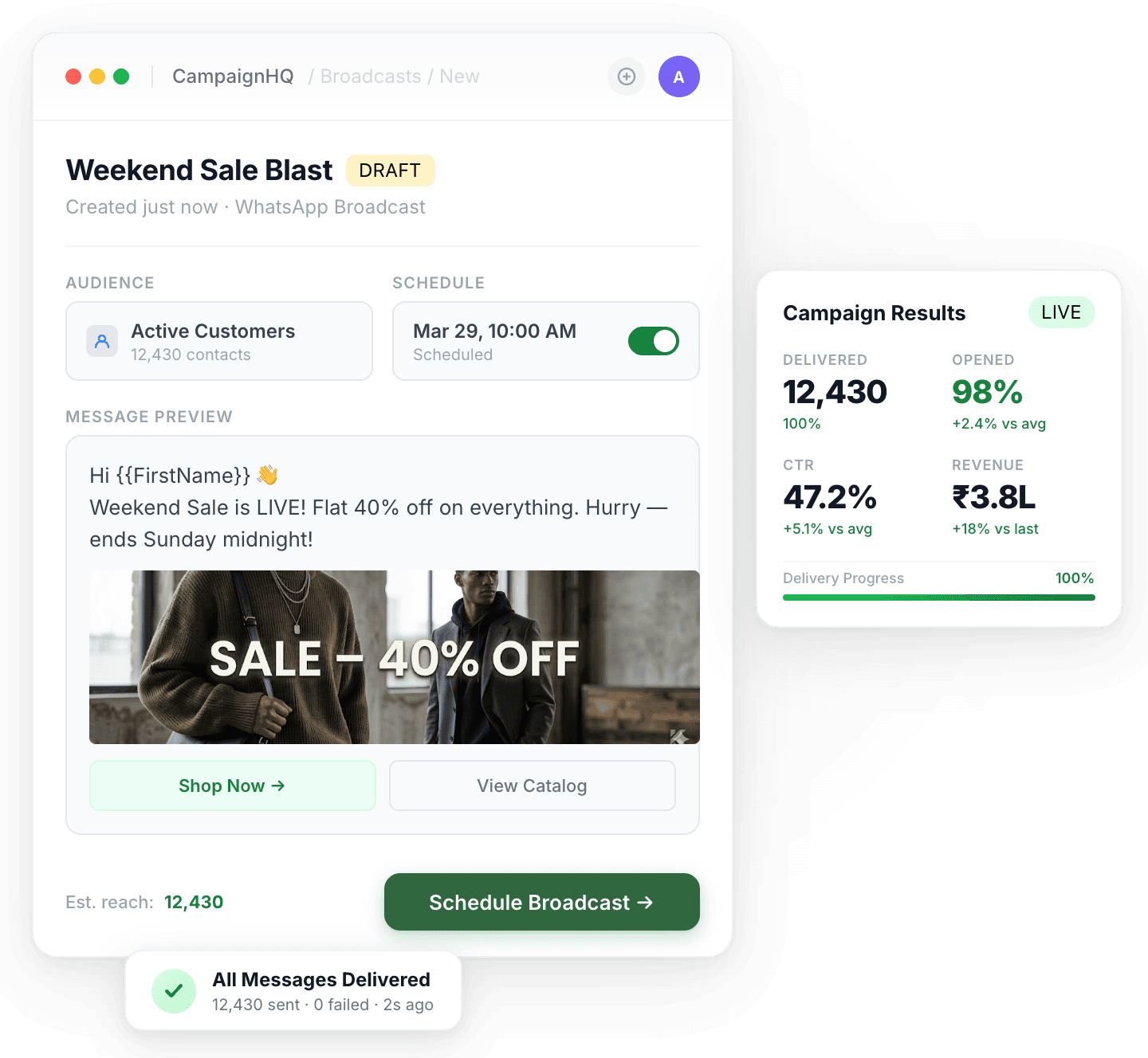 WhatsApp broadcast campaign builder with message preview and delivery results