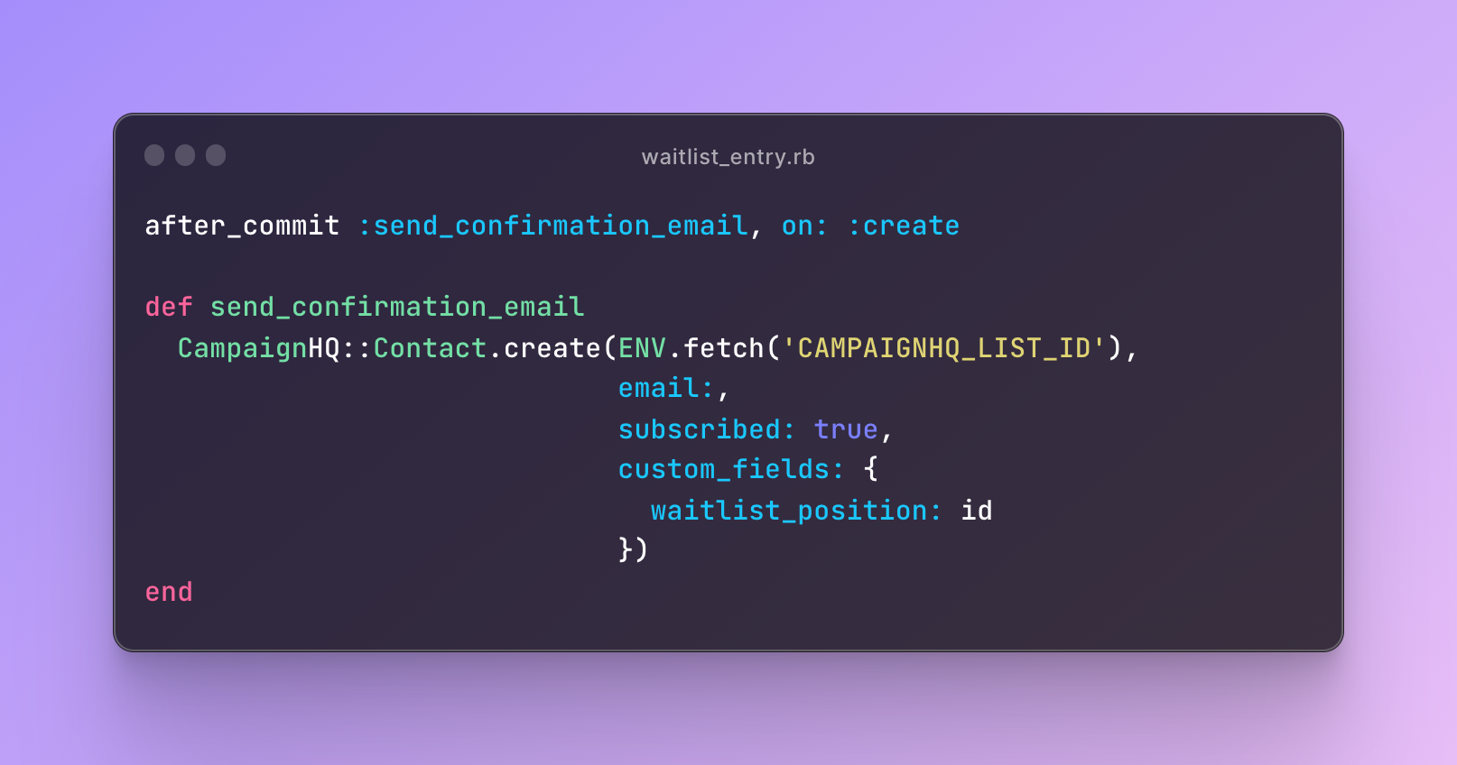 A code snippet displaying how to add a contact in a contact list in campaignhq using campaignhq ruby gem